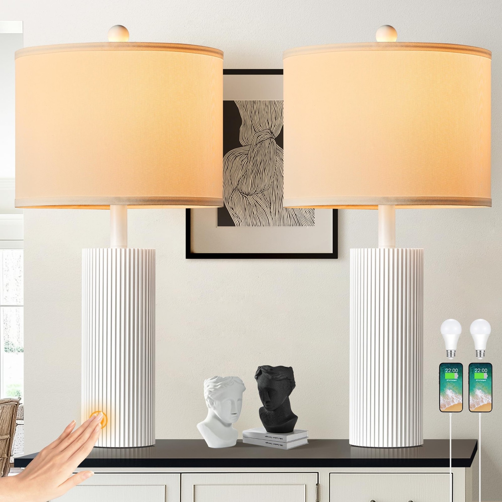 24.5" White Lamps Set of 2, Modern Table Lamps for Living Room with USB C+A P...