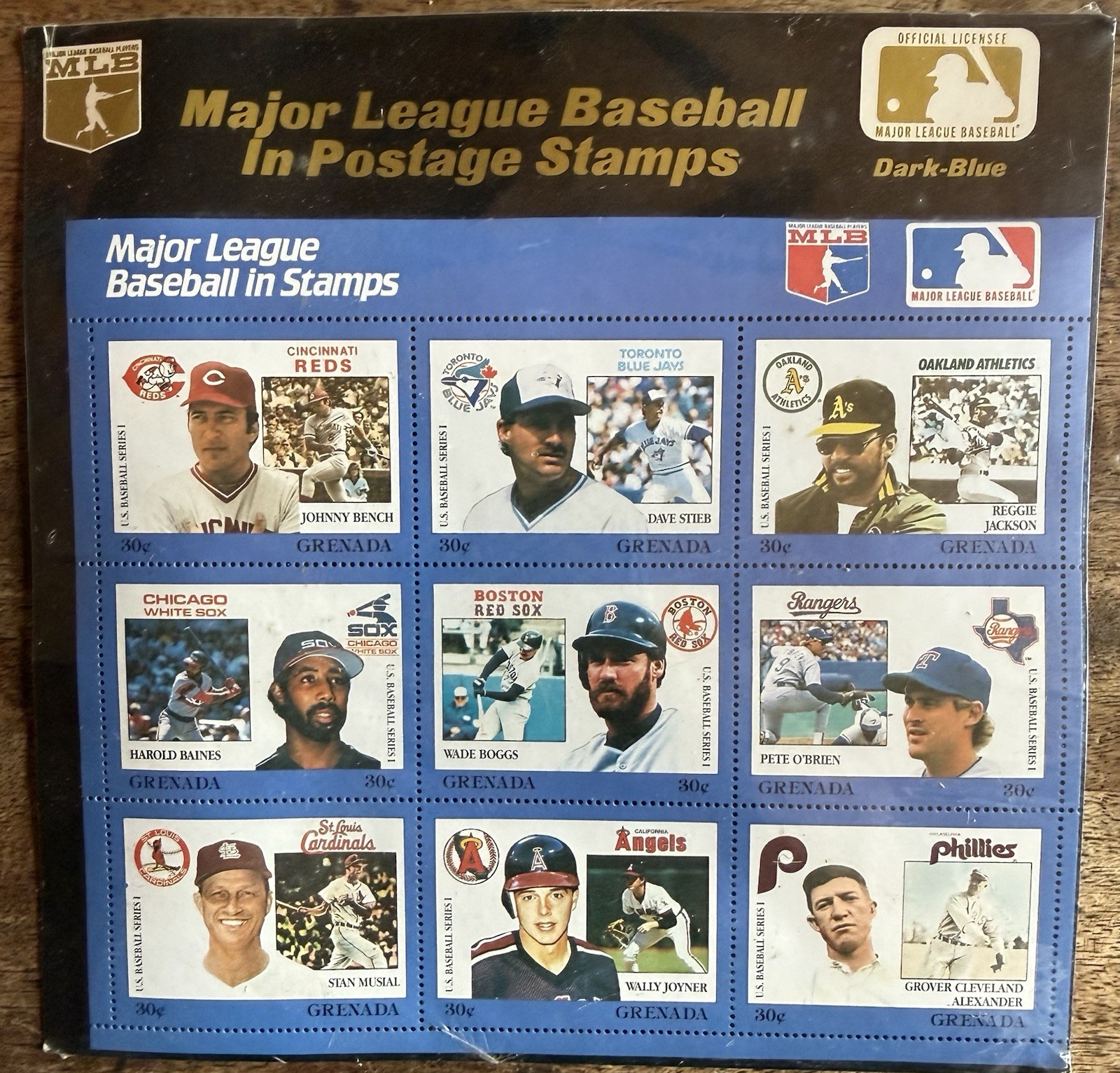 1988 Grenada Major League Baseball .30 CentStamps Dark Blue Sheet Hall Of Famers