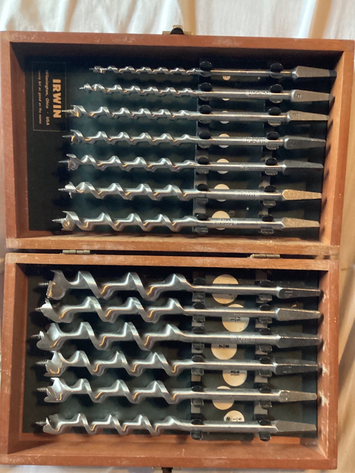 Vintage Irwin Complete 13 pc Set Auger Brace Bits USA w/ Orig Wood Storage Box