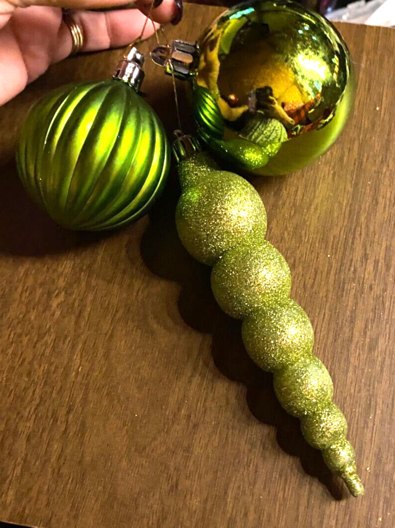 3 Glitter & Shiny Green Shatterproof Christmas Ornaments 2"-6"