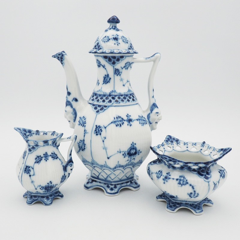 Royal Copenhagen Snubbull Fluted Full Lace Coffee Pot Sugar Creamer 3 Pieces