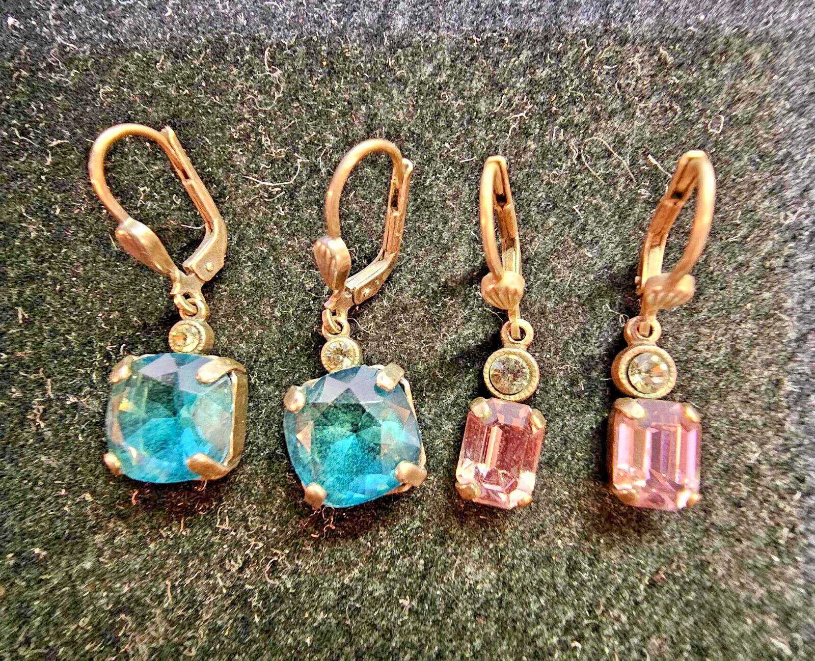 2 vtg Silvertone Leverback Earrings w/ Blue pink & clear stones- S10