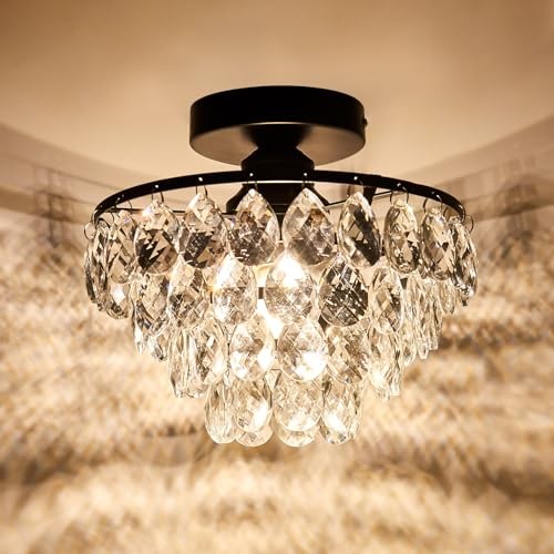  Modern Crystal Ceiling Light Fixture Mini Semi Flush Mount Small Black