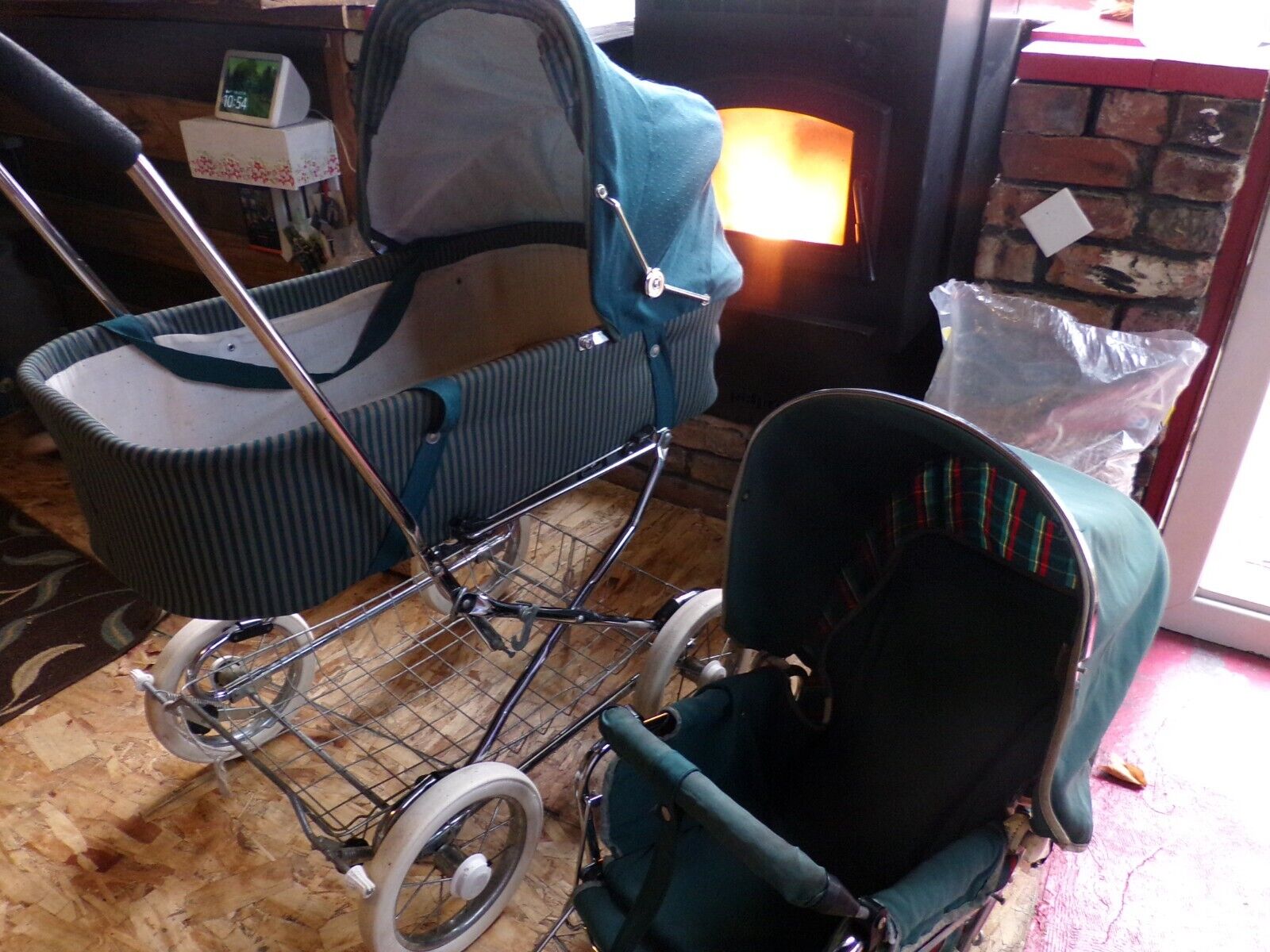 VINTAGE EMMALJUNGA Green and Chrome Baby Carriage and Stroller, 1980's