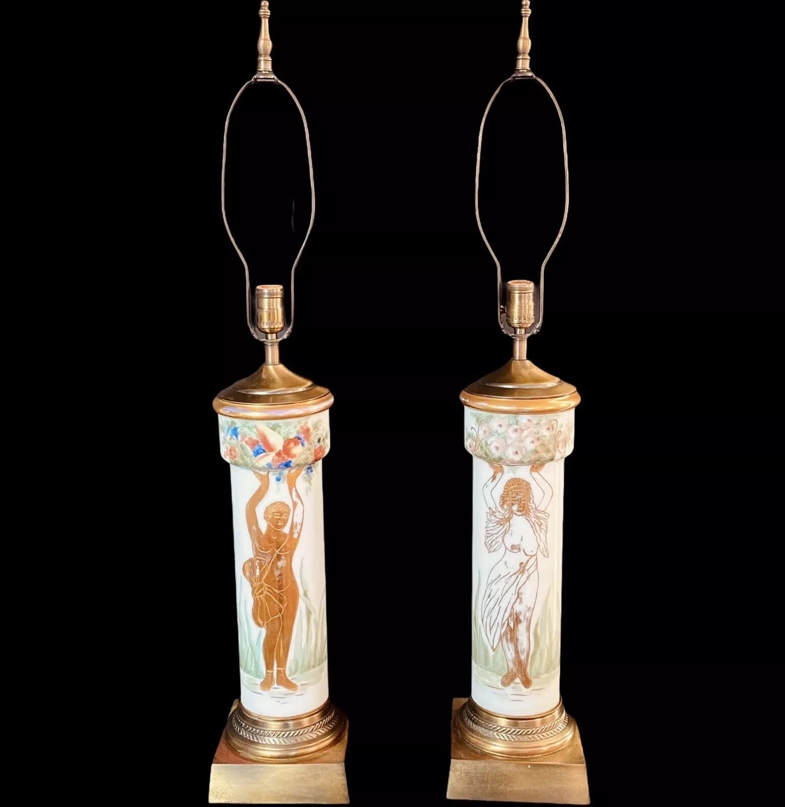 Pair Antique Art Nouveau Opaline Glass Lamps Hand Painted Figures 38” Tall