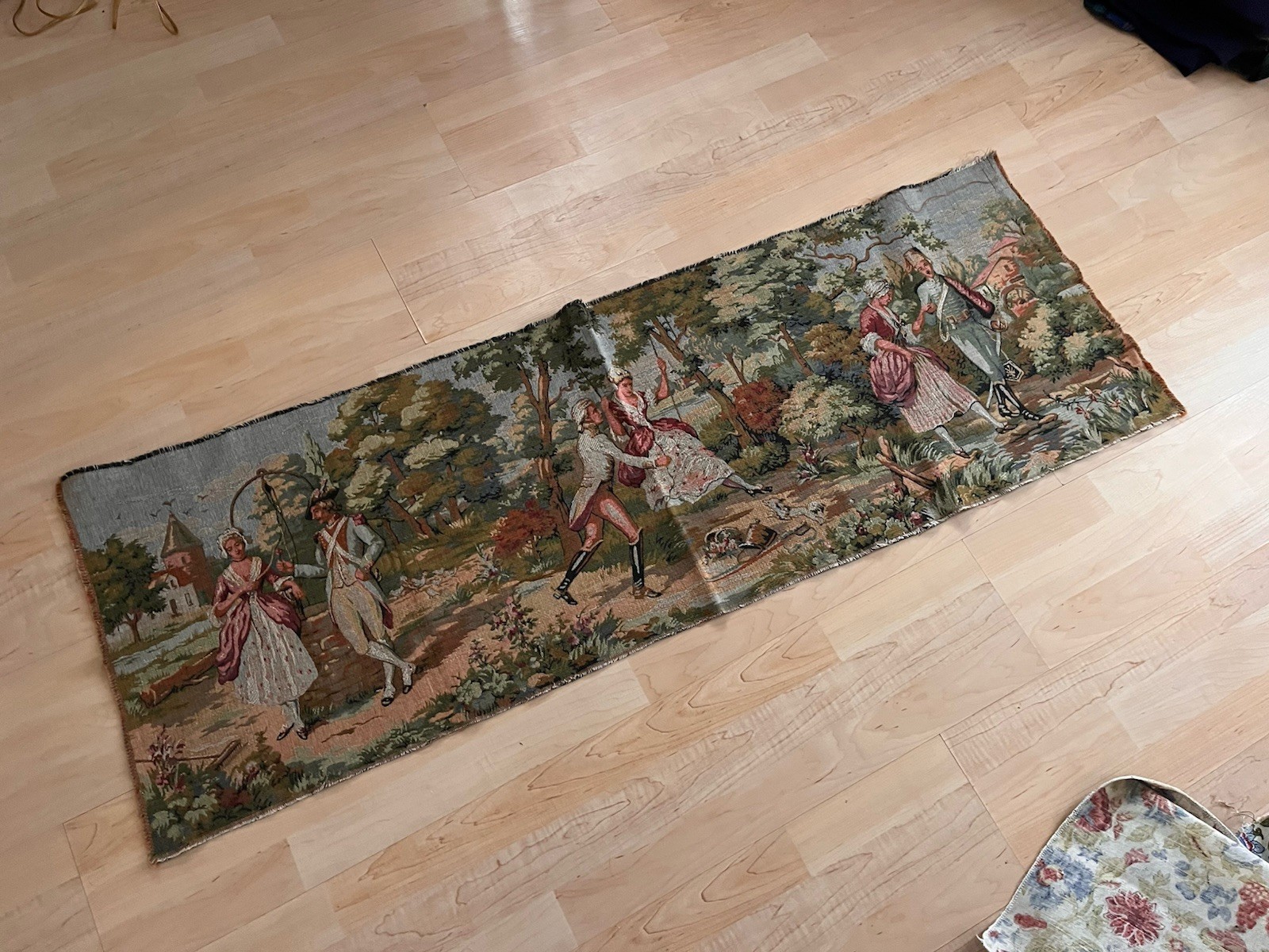 Vintage French Tapestry Courting Couples 20x56 Wall Hanger EXCELLENT Victorian