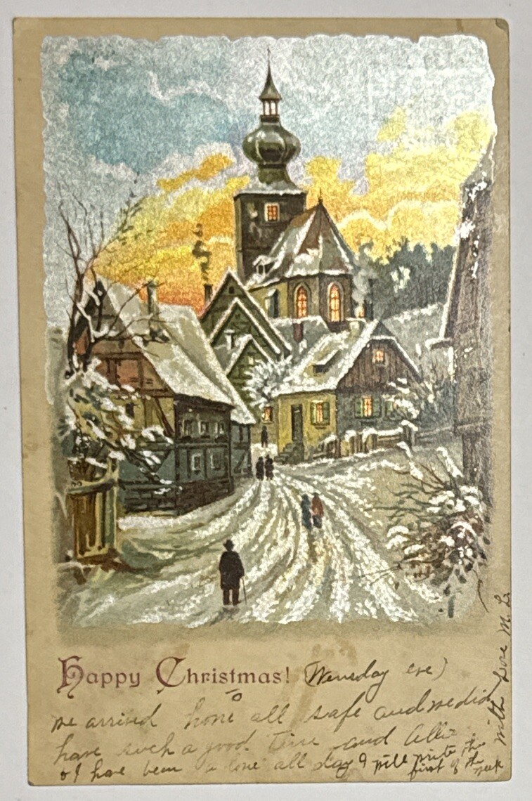 Happy Christmas Winter Snow Scene Church Village Posted 1906 Antique Postcard