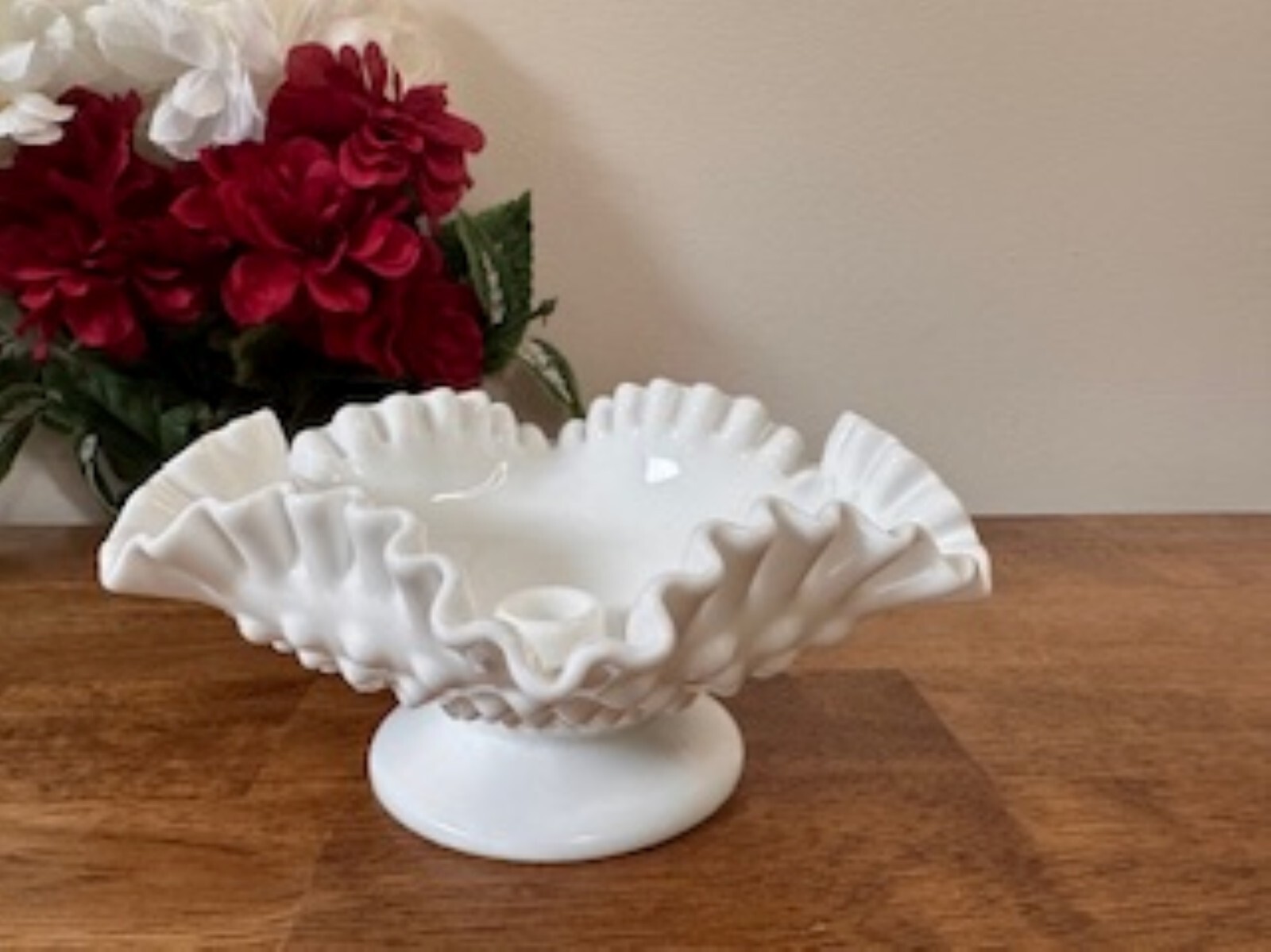 Fenton Hobnail Milk Glass Candle Bowl Ruffled Edge Pedestal Holder Vintage