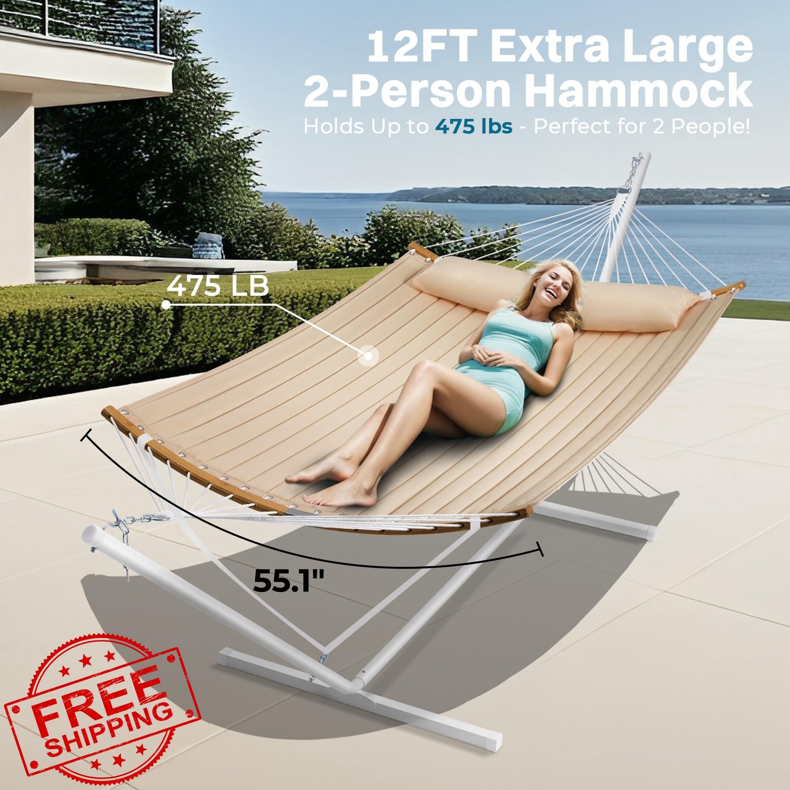 SUPERJARE Hammock with Stand, 2 Person Heavy Duty Hammock with Padded Cotton,...