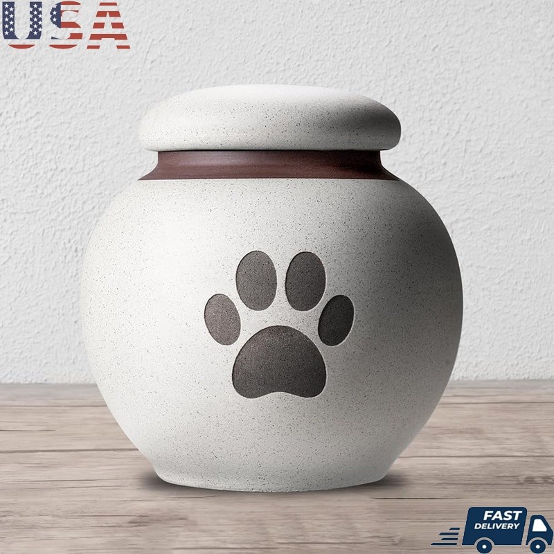 Ceramic Pet Urn Ashes W/ Paw Print Ideal Memorial Keepsake Small Dogs Cats New