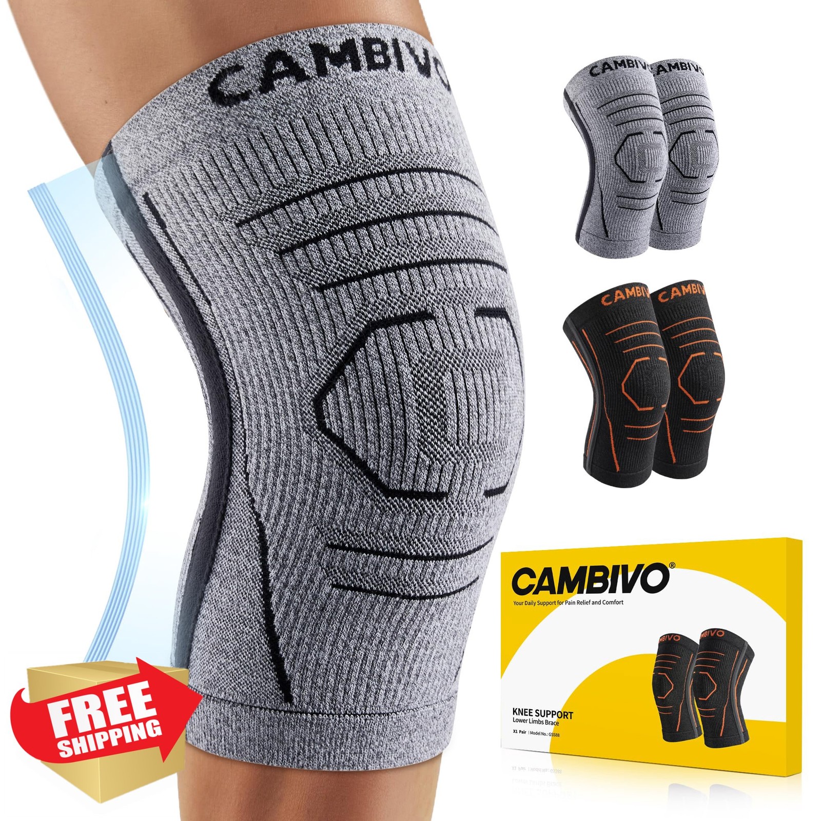 CAMBIVO Knee Brace 2 Pack Small Gray Compression Sleeve Side Stabilizers