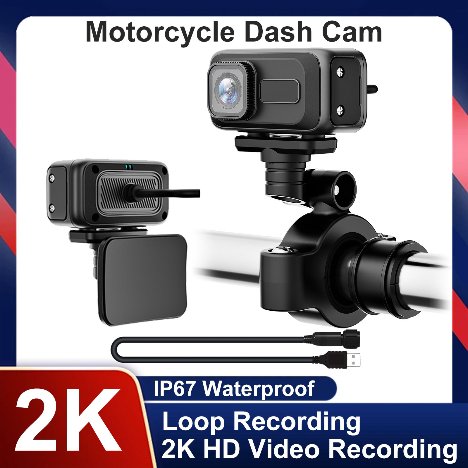 Bicycle Dash Cam Motorcycle Recorder 2K HD 140° Wide Angle 3 Brackets Waterproof