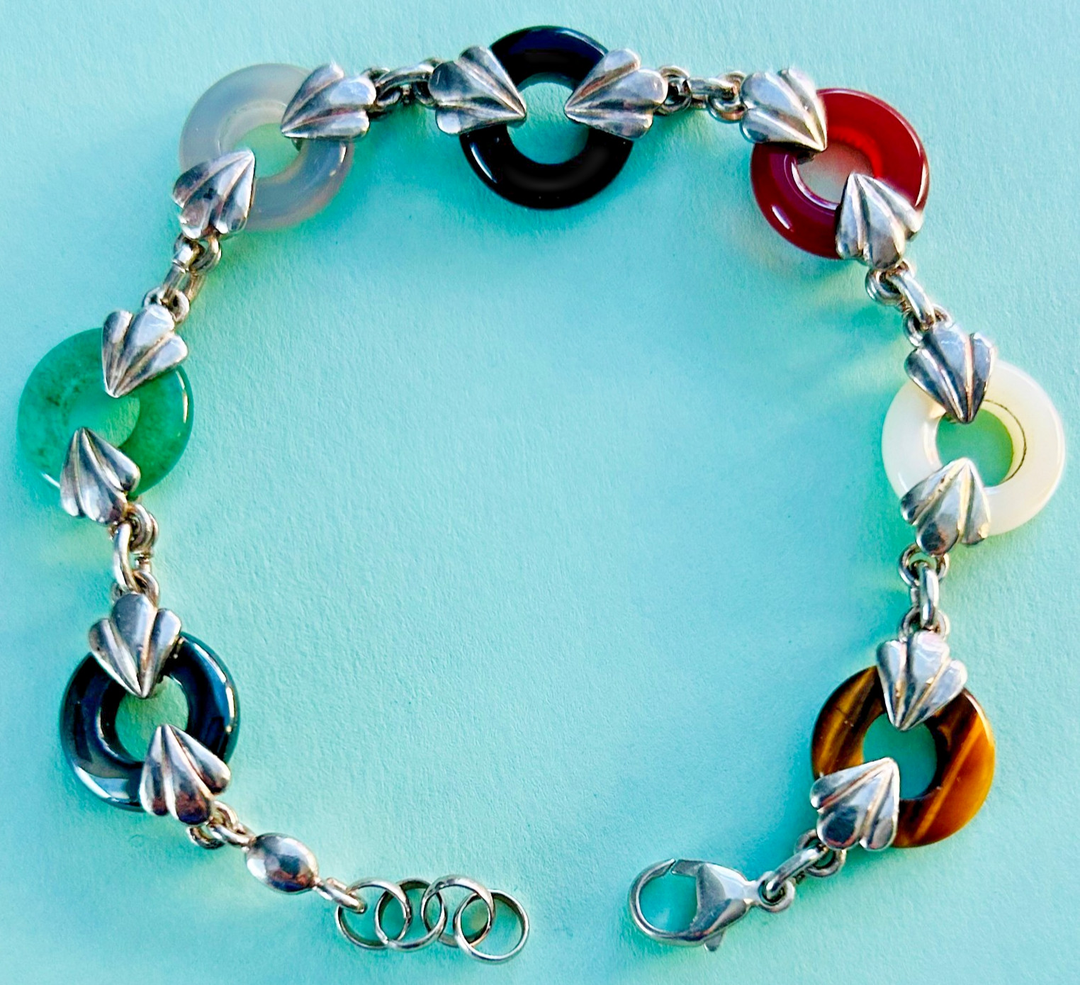 STERLING MULTI GEMSTONE BRACELET SIGNED GSJ 925 Silver Jade Nephrite Garnet Gem