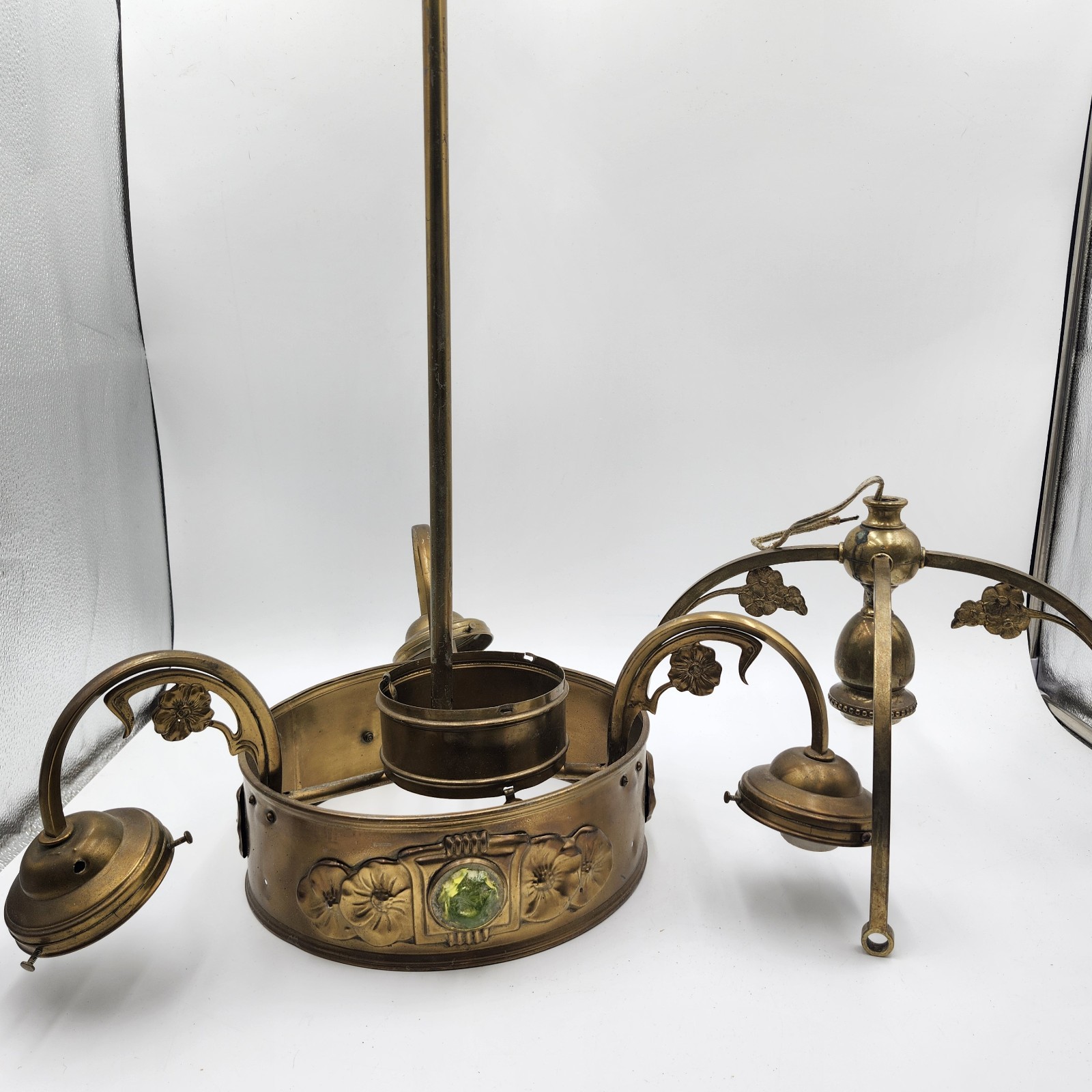 26" French Art Deco Art Nouveau Brass Flower Chandelier ceiling parts AS IS