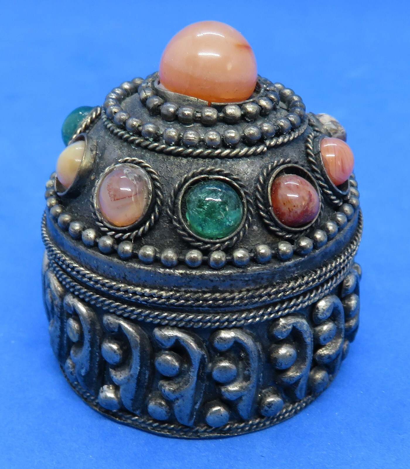 Metal & orange stone vintage Art Deco antique small round box