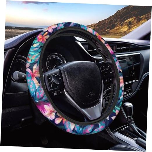  Steering Wheel Cover (Hawaiian Hibiscus) Lightly Padded Floral Flowers 