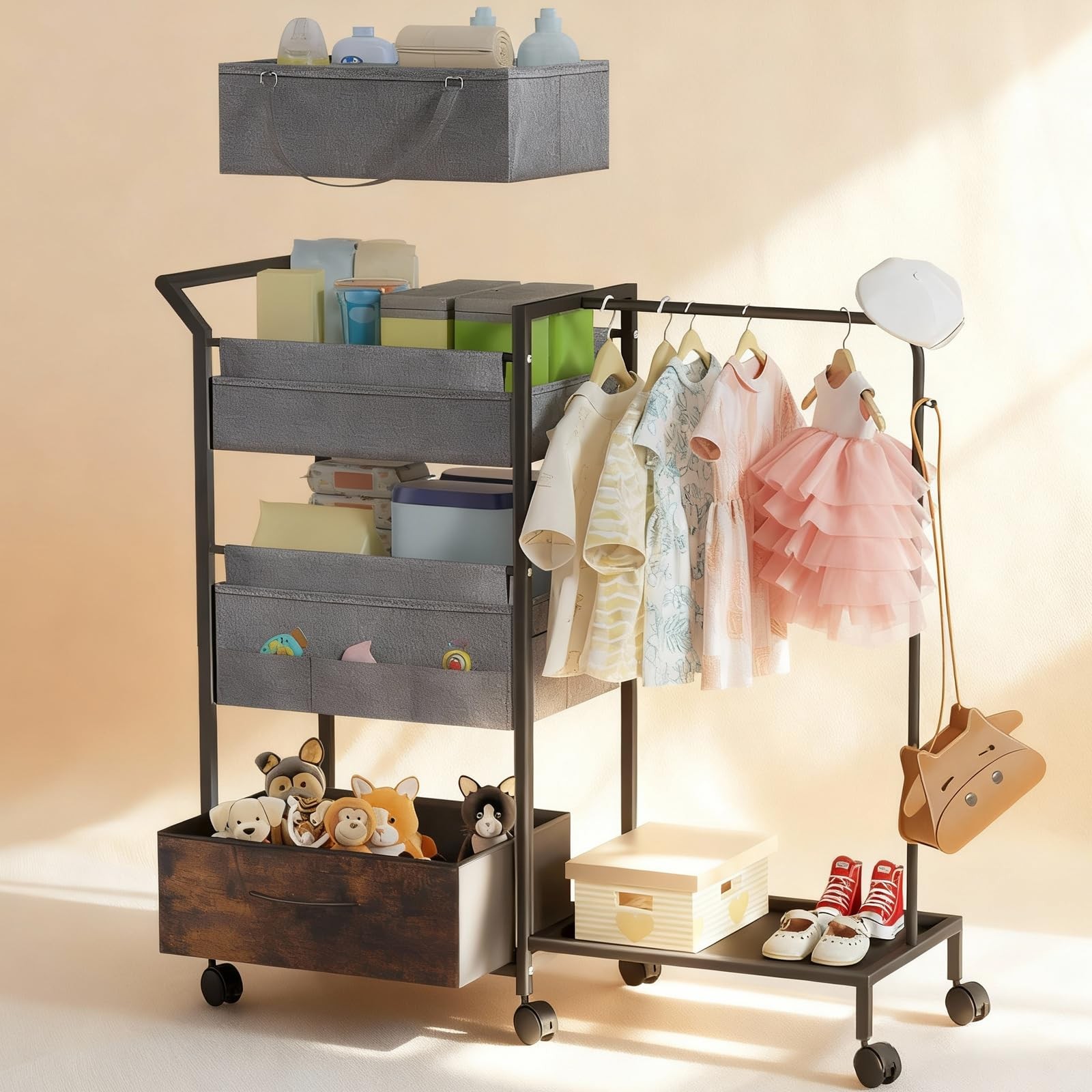 Baby Diaper Caddy Organizer - 3 Tier Rolling Cart with Kids Clothing Rack, Mo...