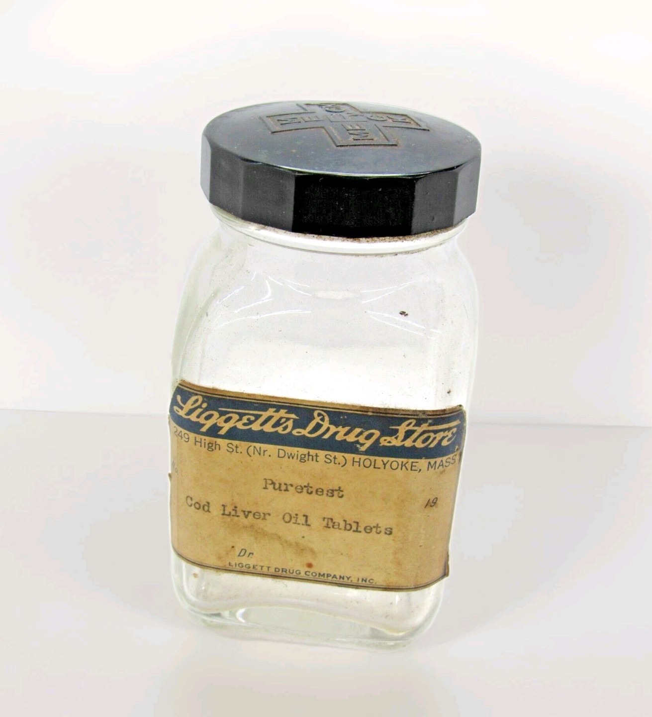 Vtg Antique Apothecary Glass Bottle Merck Cod Liver Oil Tablets Bakelite Lid-A17