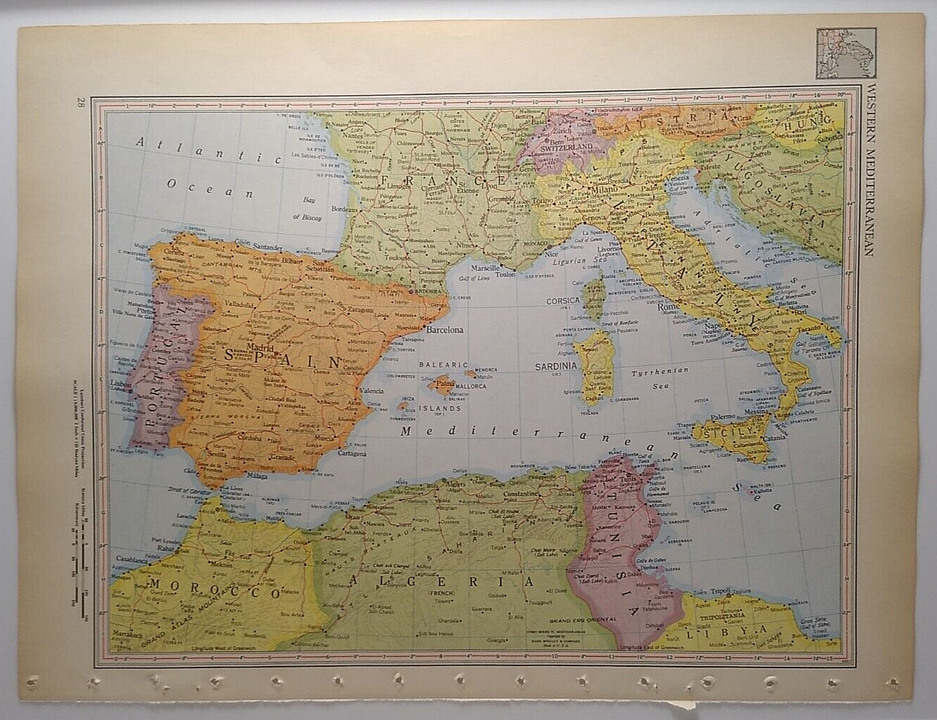 1957 Antique WESTERN MEDITERRANEAN Atlas Map Encyclopedia Britannica World Atlas