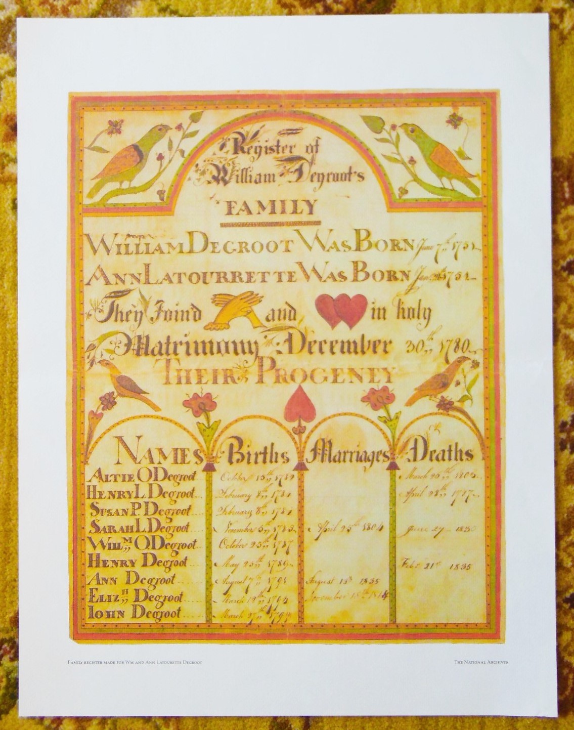 4 LARGE PRINTS of EARLY HAND DRAWN & COLORED PENNSYLVANIA DUTCH FAMILY HISTORIES