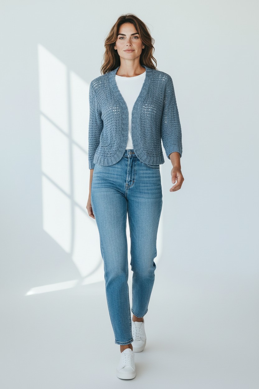 WindRiver Cardigan Sweater Womens Medium Blue Cropped Open Knit Sheer Boho