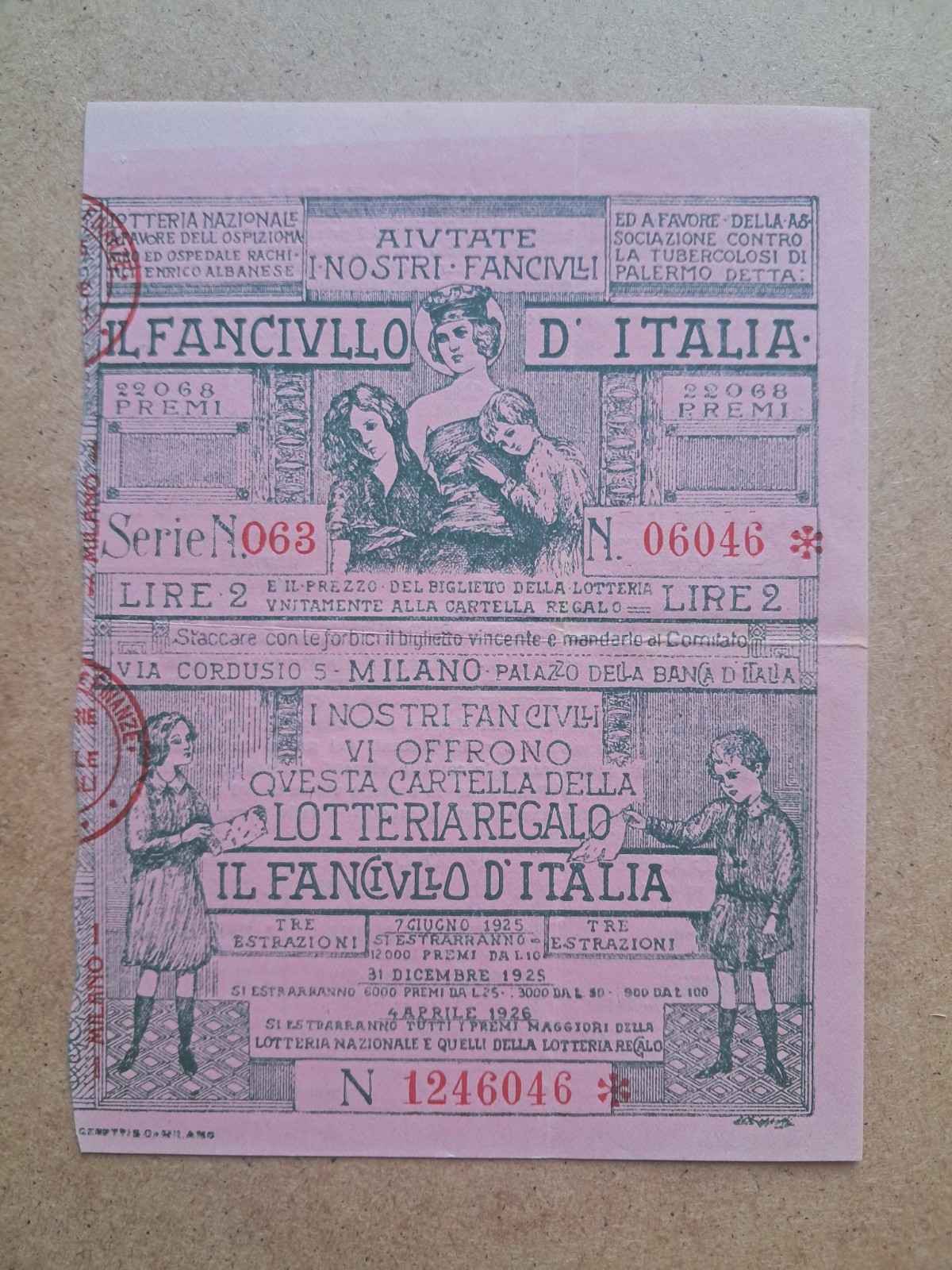 Gift Lottery Ticket - Il Fanciullo d'Italia - 1925 (magenta)