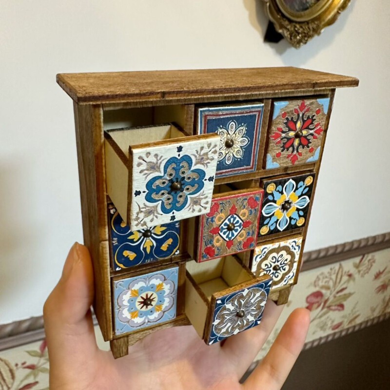 1/12 Scale Doll House Miniatures Furniture Vintage Drawer Storage Cabinet Wooden