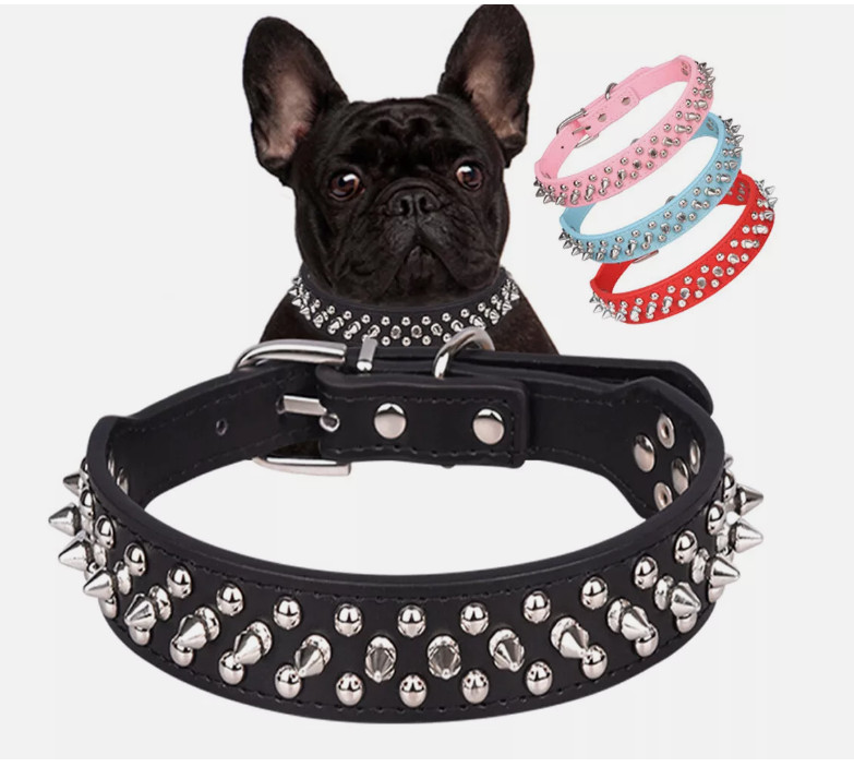 Rivet Studded Spiked Leather Dog Collar Adjustable Soft Puppy Pet Size S M L XL
