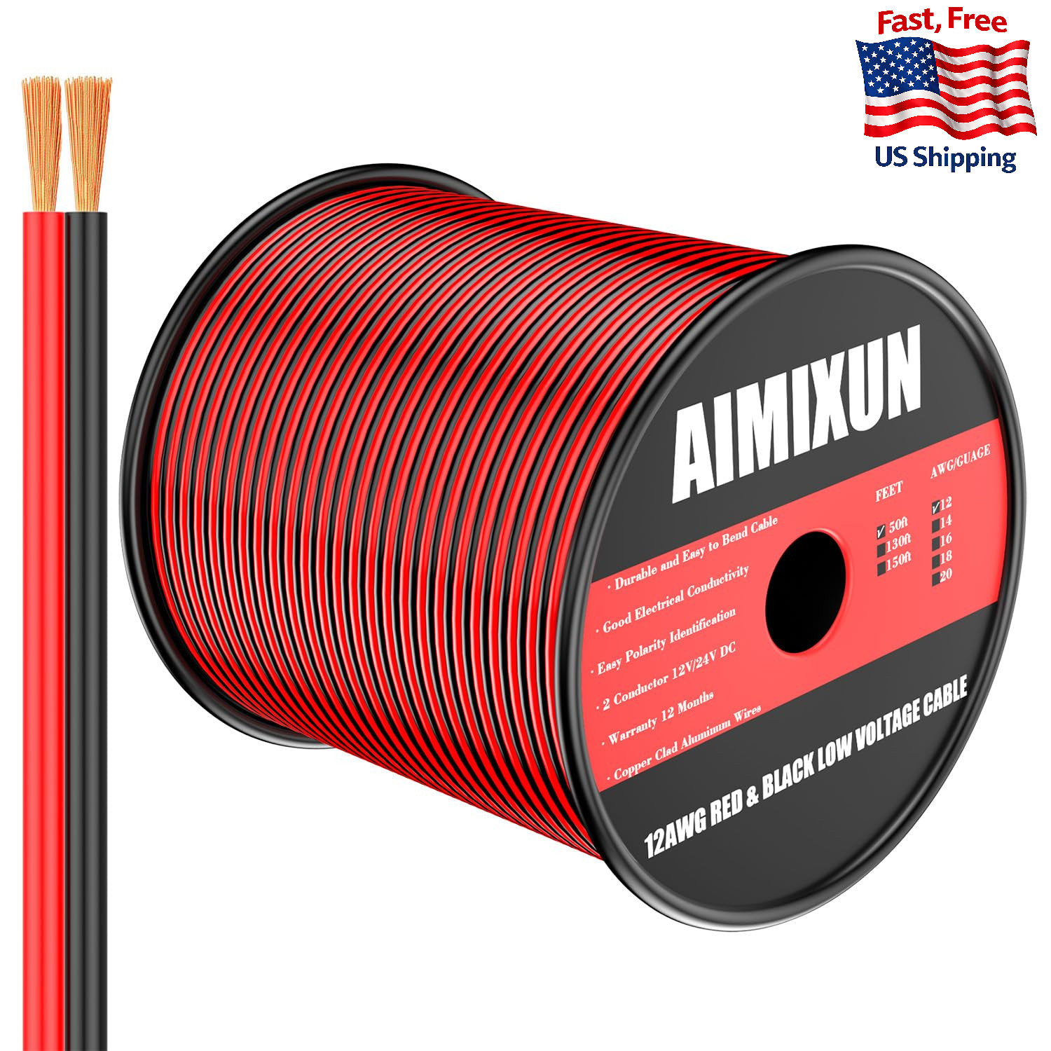 AIMIXUN 12 AWG 50FT Electrical Wire 2-Pin Red/Black Flexible 12V 24V PVC