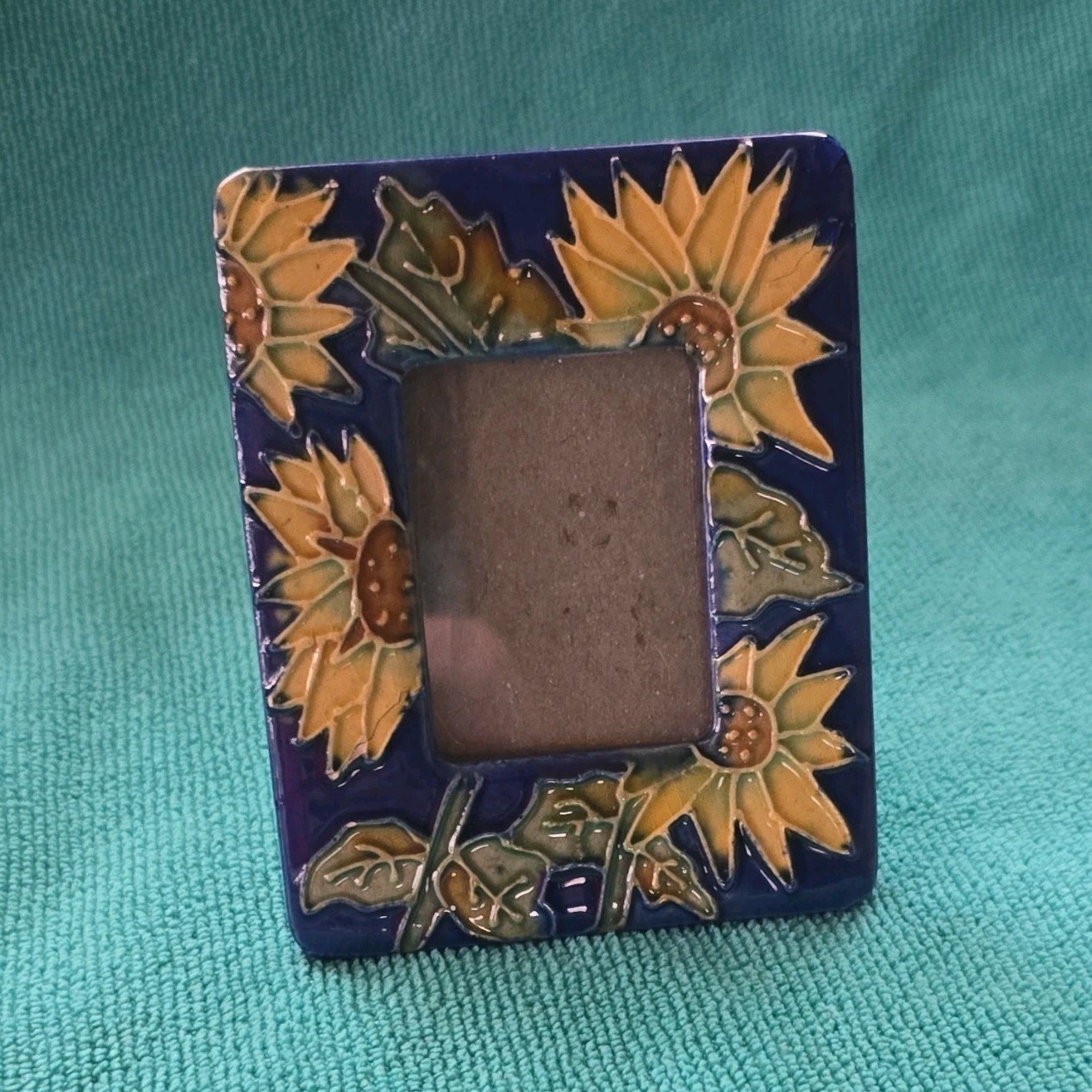 Sunflower Ceramic Photo Frame Blue Yellow Green Ornate Painted Floral Decor