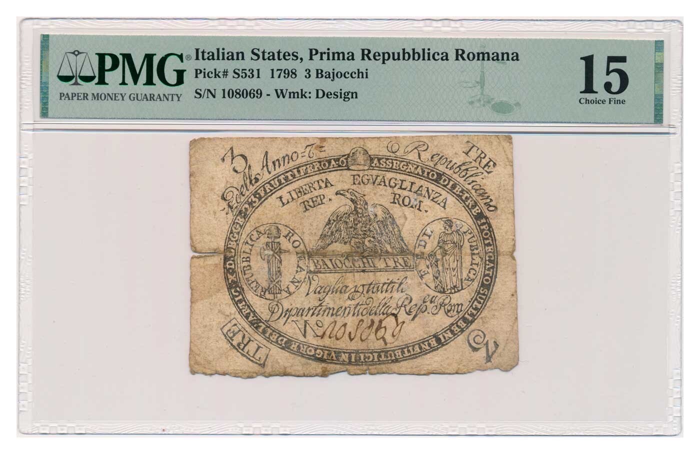 ITALIAN STATES (REPUBLICA ROMANA) banknote 3 Bajocchi 1798 PMG F 15 Choice Fine