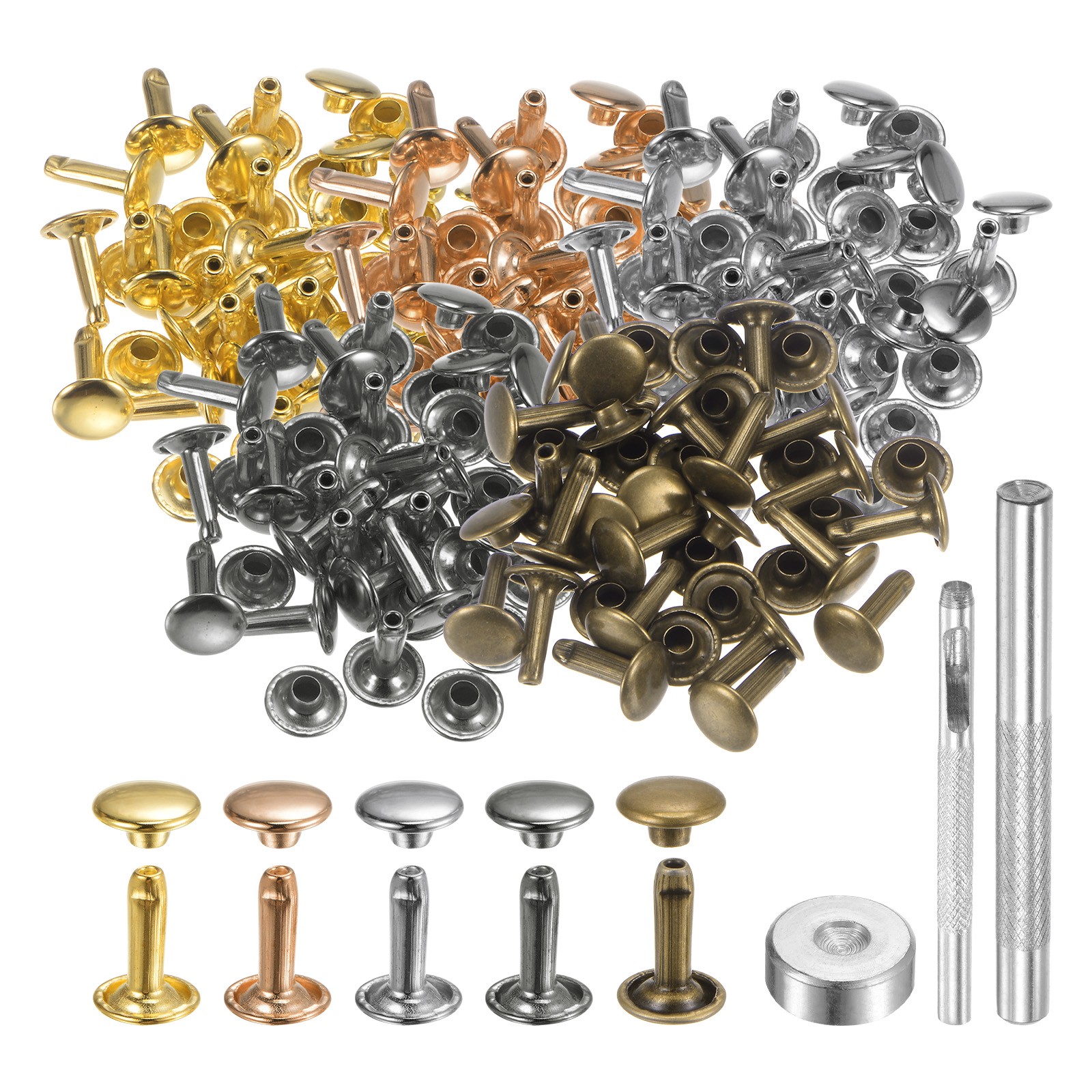 100 Sets Leather Rivets 9mm x 12mm Metal with 3 Setter Tools Multi Colors