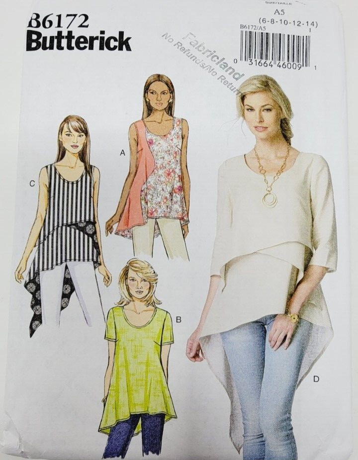 Butterick B6172 Misses Asymmetric Top Tunic sewing pattern sz 6-14