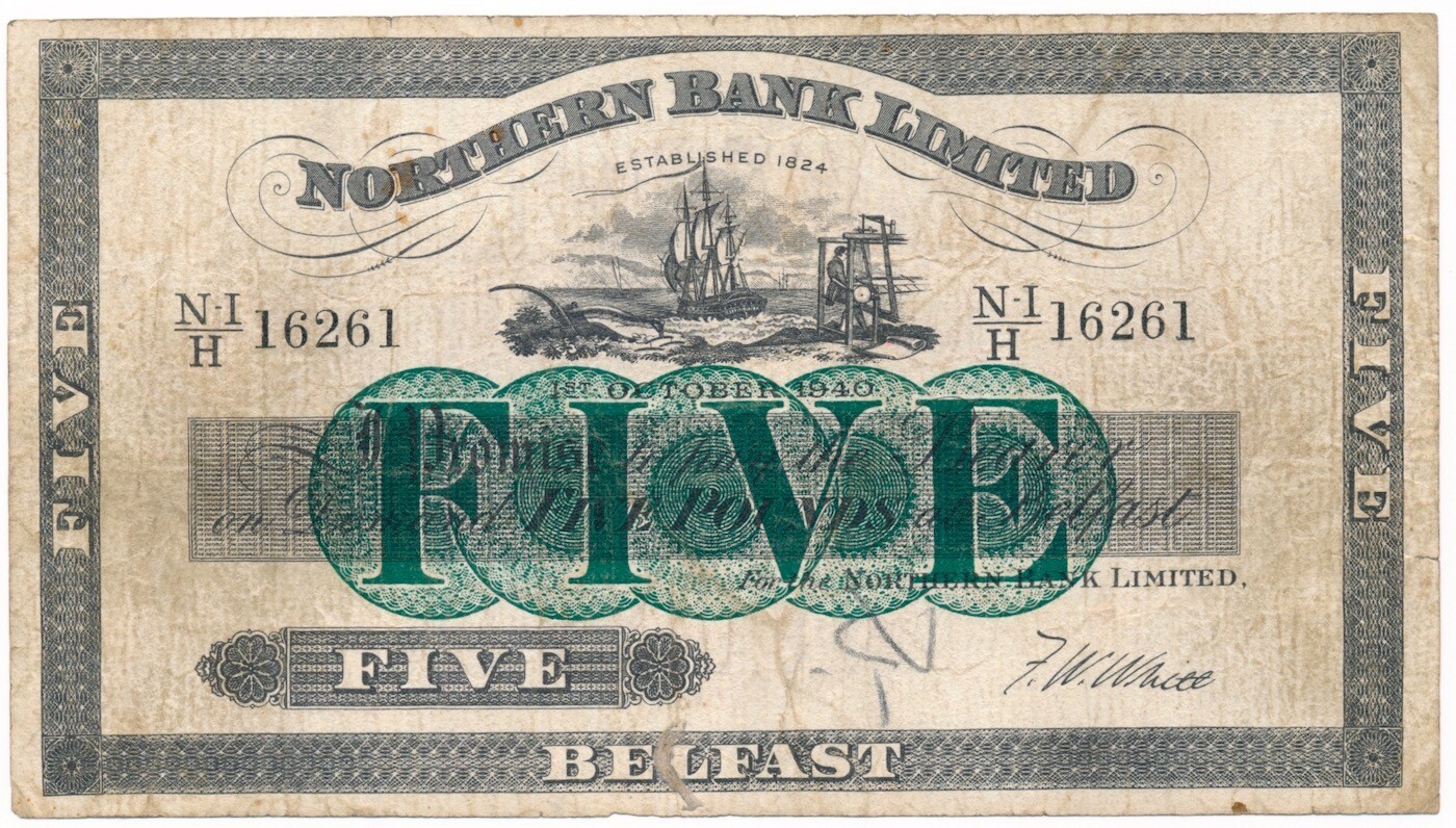 NORTHERN IRELAND (NORTHERN BANK LIMITED) banknote 5 Pounds 1940 VF Very Fine