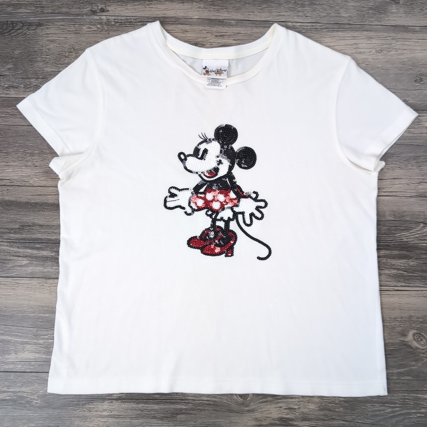 Vintage Walt Disney World Sequin Minnie Mouse T Shirt Women’s Large White 