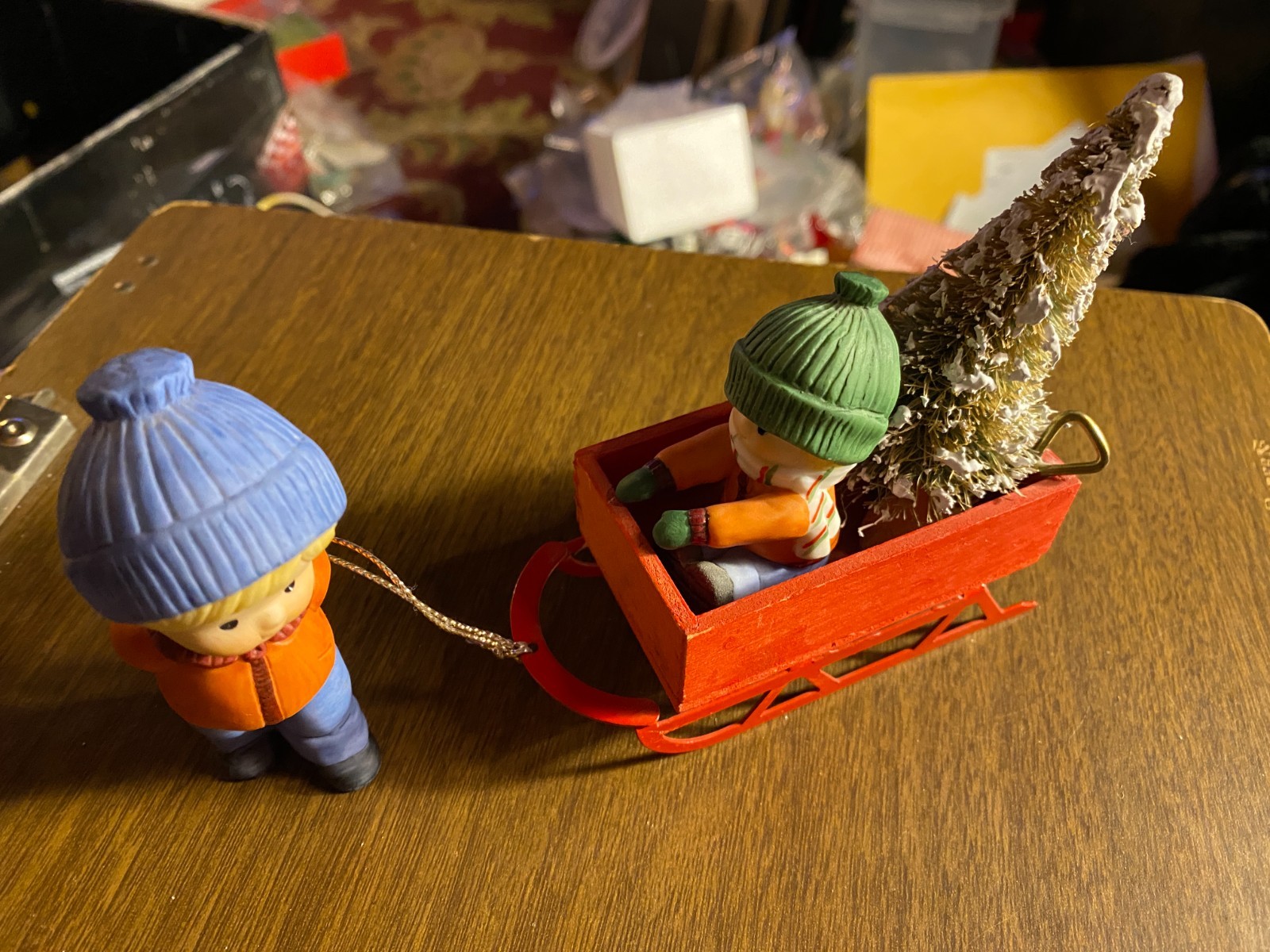 Country Cousins Enesco 1986 Porcelain Boy Pulling Sled Tree Figurine 4.25" VTG