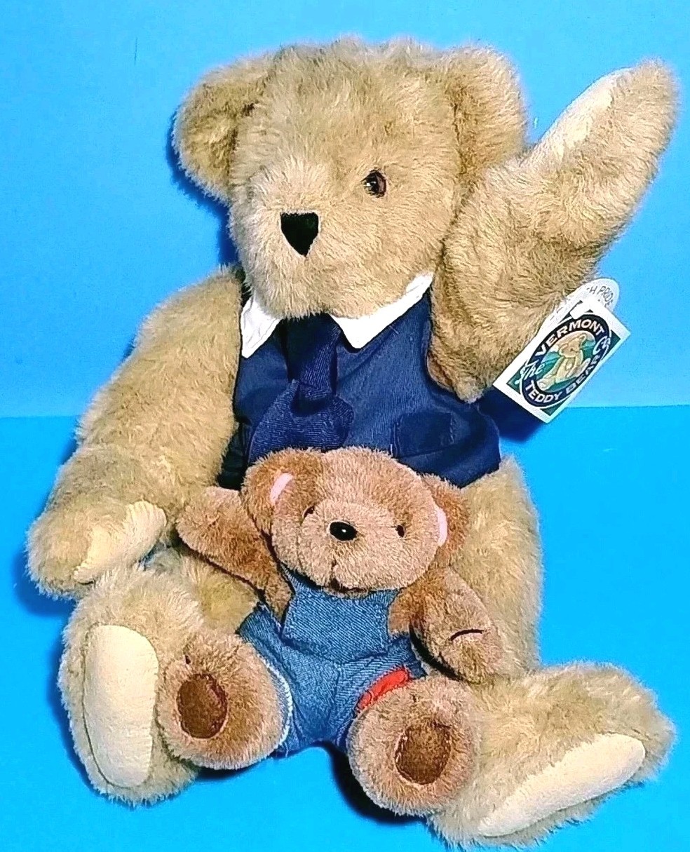 Vermont Teddy Bear Company Plush Jointed Teddy Bear With Son Vintage 1993 Tags