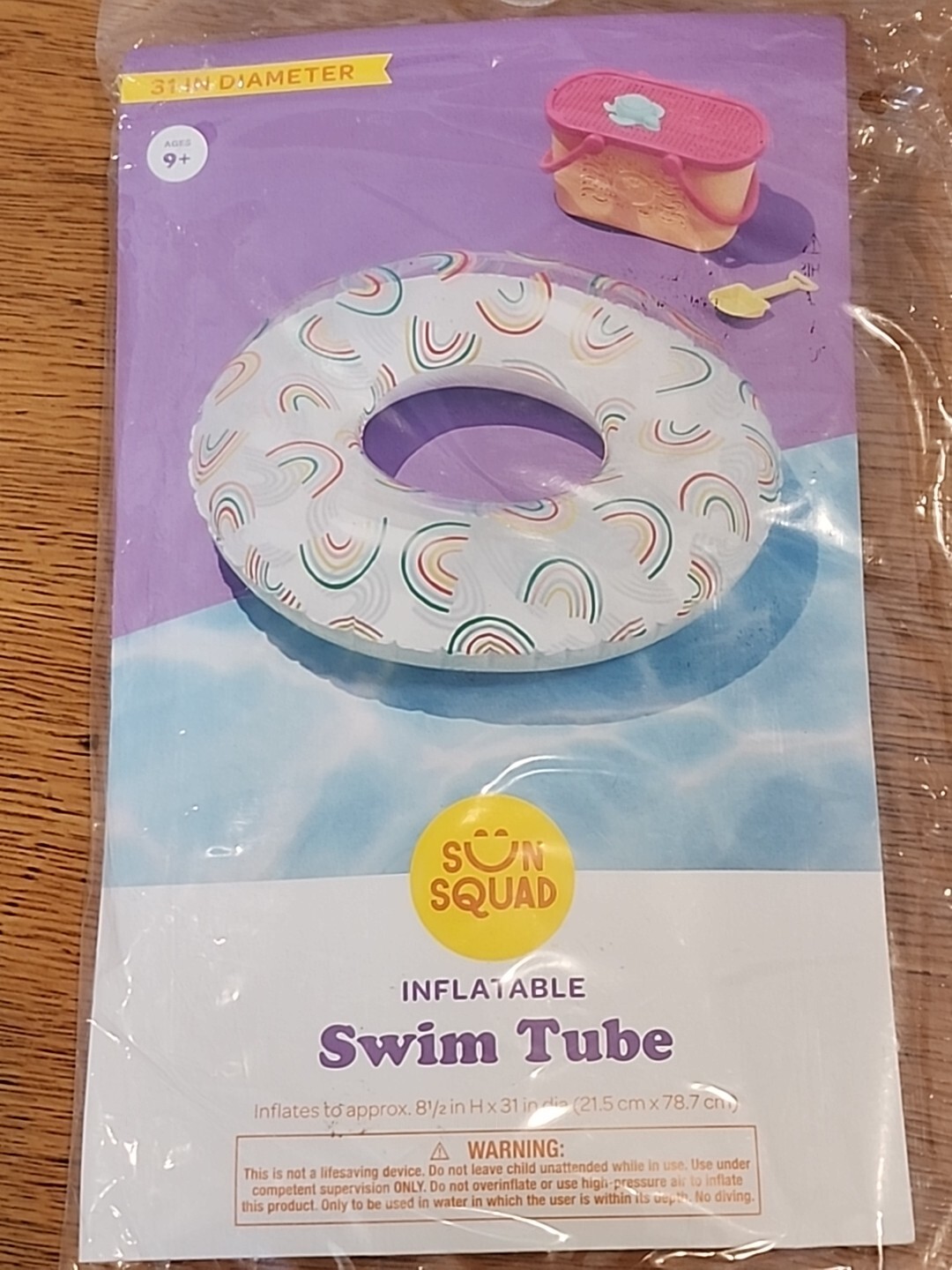 Sun Squad Inflatable Swim Tube Rainbow Ages 9+ 31" D Clear Pool Float Brand New