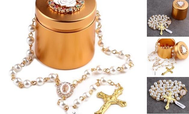  Glass Pearl Beads Our Lady of Guadalupe Catholic Rosary Neckalce Gold White