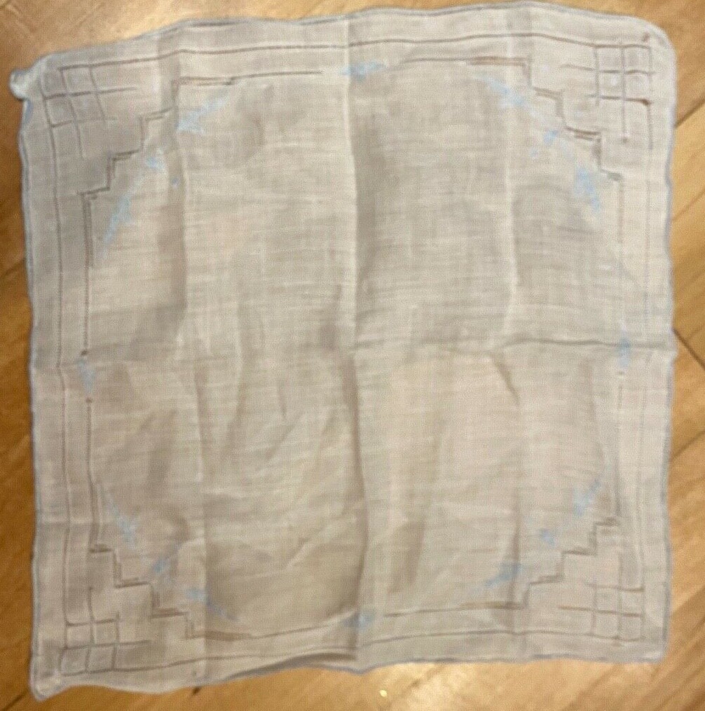 Vintage Handkerchief Hanky Embroidered Blue on White Pierced Detail 10.5"