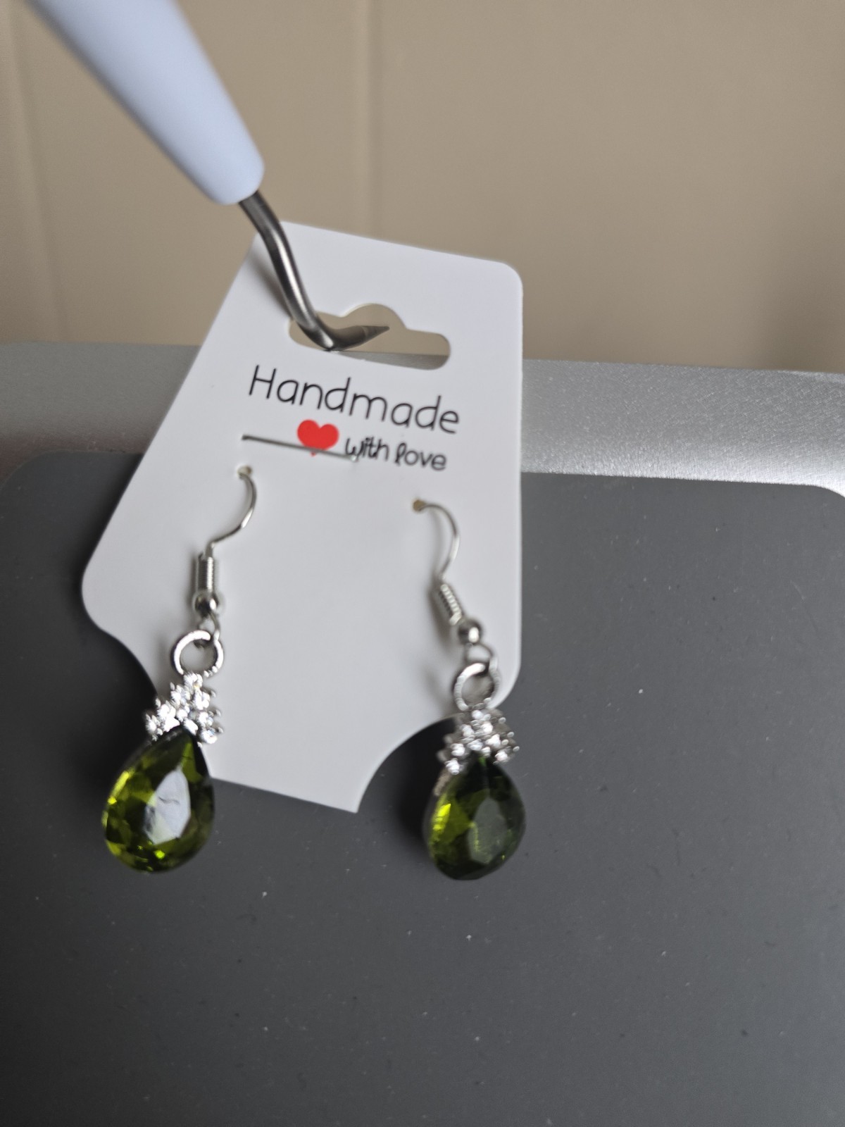 Handmade Silver Tone Teardrop Green Dangle Drop Earrings Glass French Wire