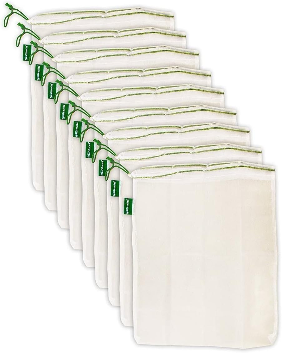 Reusable Mesh Produce Bags - Washable Set of 9 Premium Bags, TRANSPARENT Lightwe