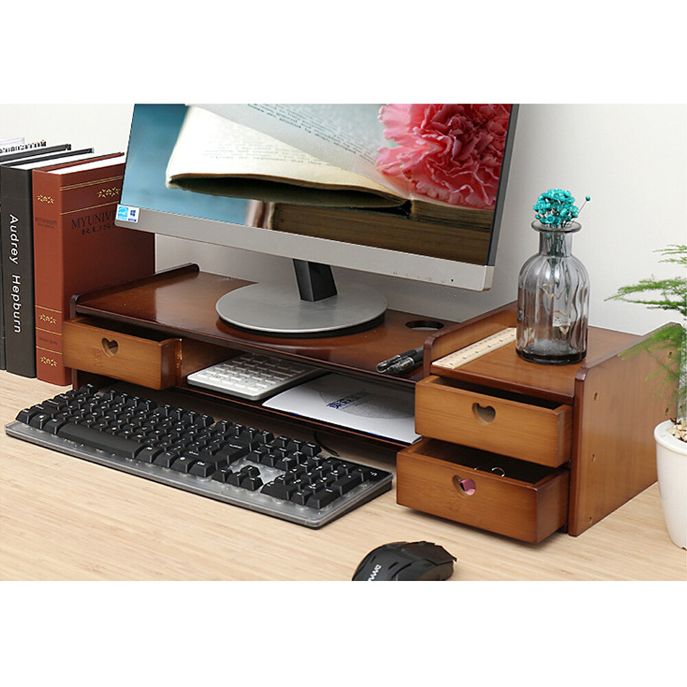 Bamboo Monitor Stand Riser with Storage Drawer Desk Laptop Organizer Stand Riser