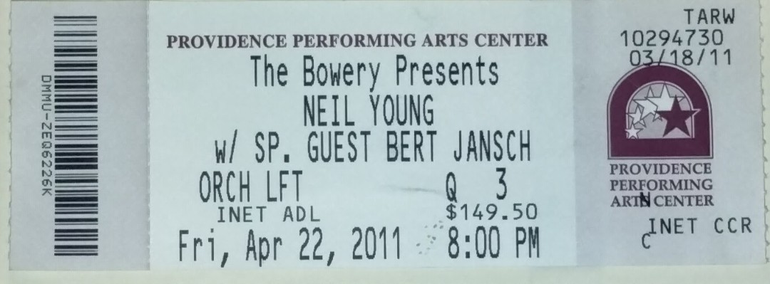 4/22/11 Neil Young At The Providence Performing Arts Center Full Ticket