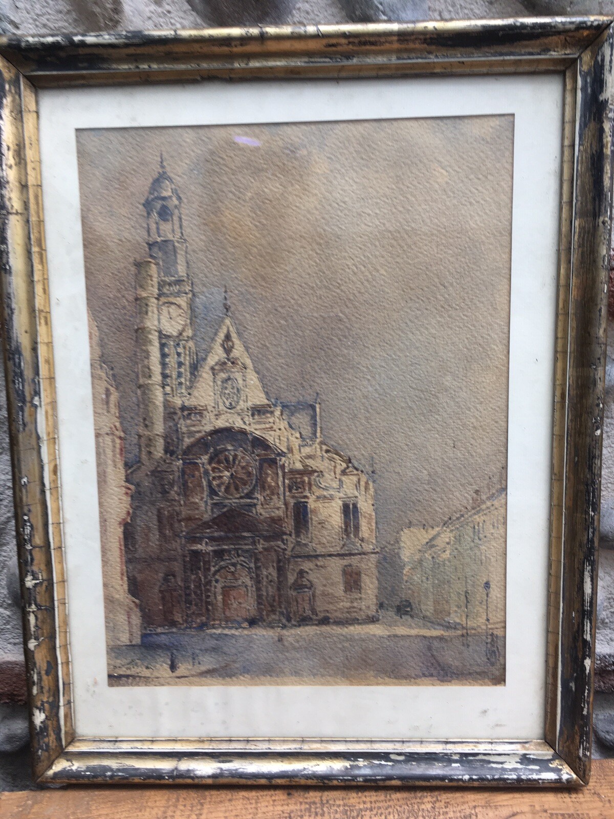 Beau Dessin Peinture Papier Aquarelle Église Sain Etienne Du Mont Paris 1925 Art