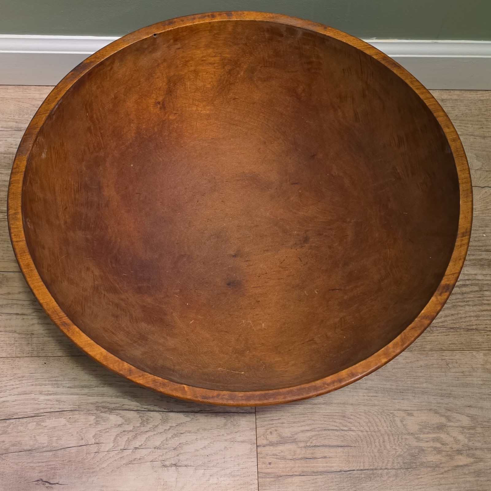 Huge Antique Out of Round Hand-Turned Wooden Dough Bowl with Rim 