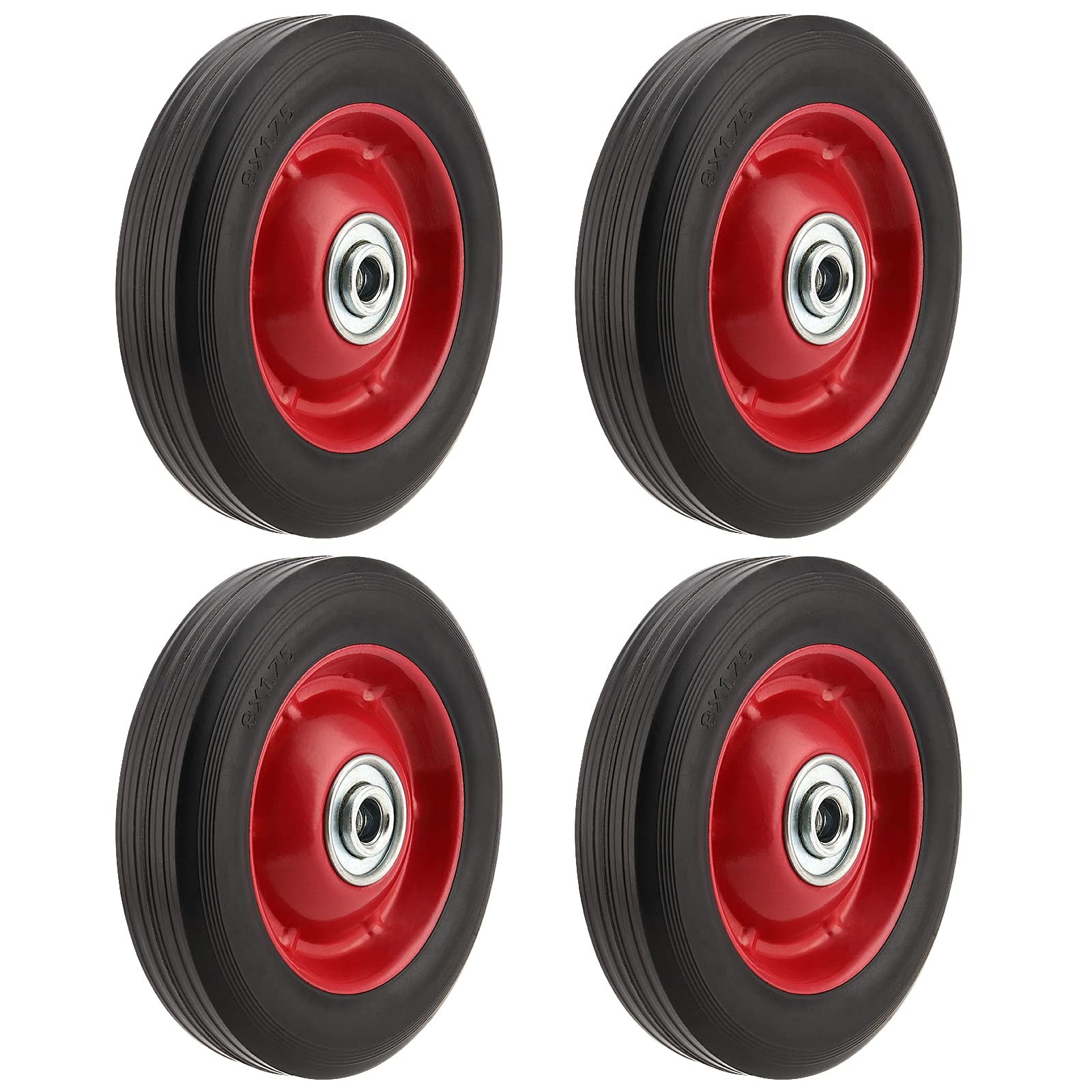 PINGEUI 4 PCS 8 Inch Solid Rubber Tire, Flat Free 8 inches, black, red 