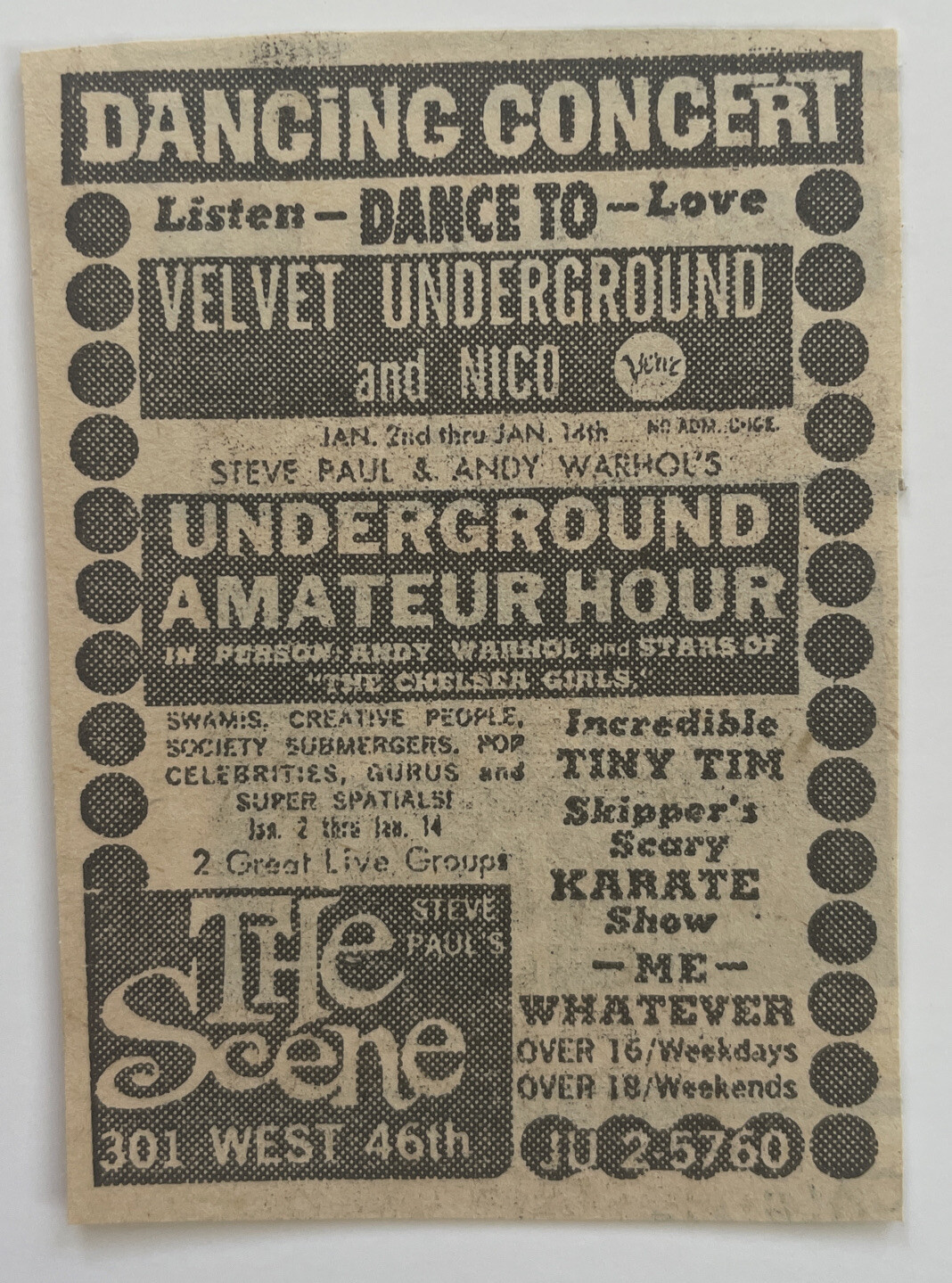 1967 The Velvet Underground, Andy Warhol’s Underground Amateur Hour,  Concert Ad