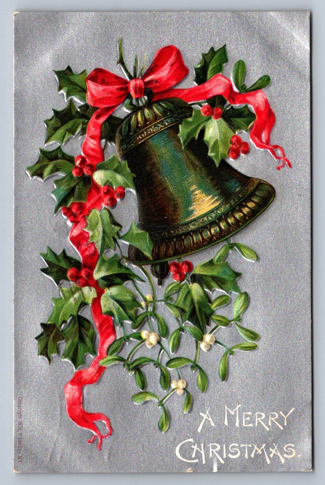 Postcard A Merry Christmas Gold Bell Red Ribbon Holly 1909  O682