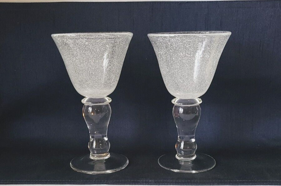 Bubble Seeded Glass Clear Stem Water Wine Goblets TWO 6 oz